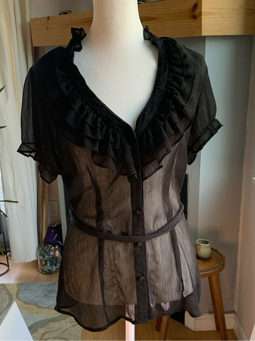 Finesse Black Sheer Ruffle-Trim Button Front Blouse